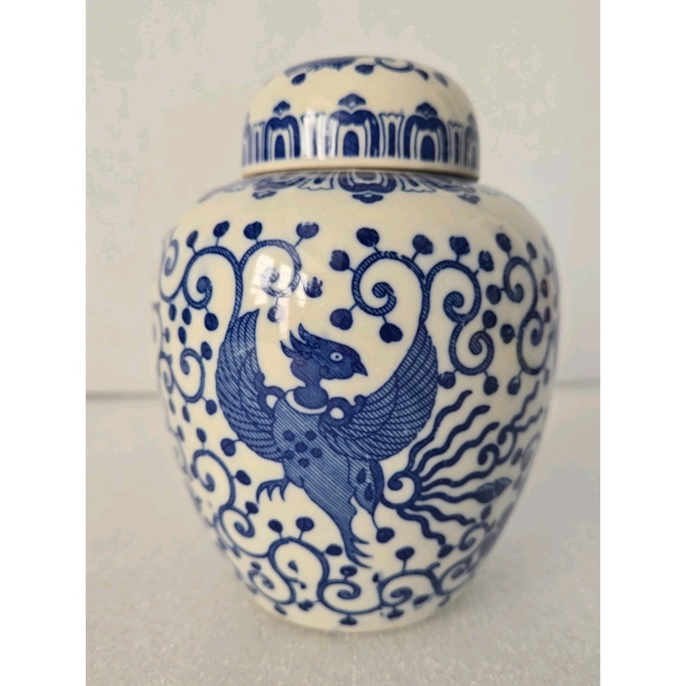 Vtg Japanese Porcelain Cobalt Blue Phoenix Bird Tea Caddy Ginger Spice Jar